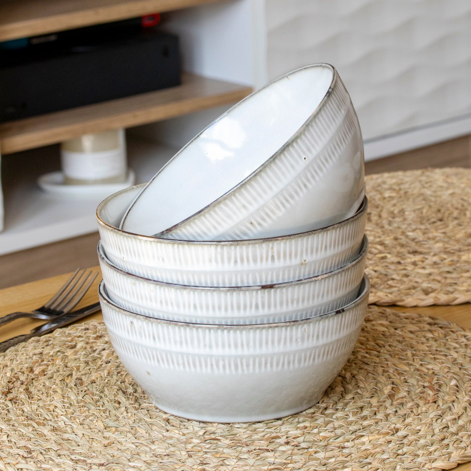 Set Of 4 Embossed Reactive Glaze Cereal Bowls
