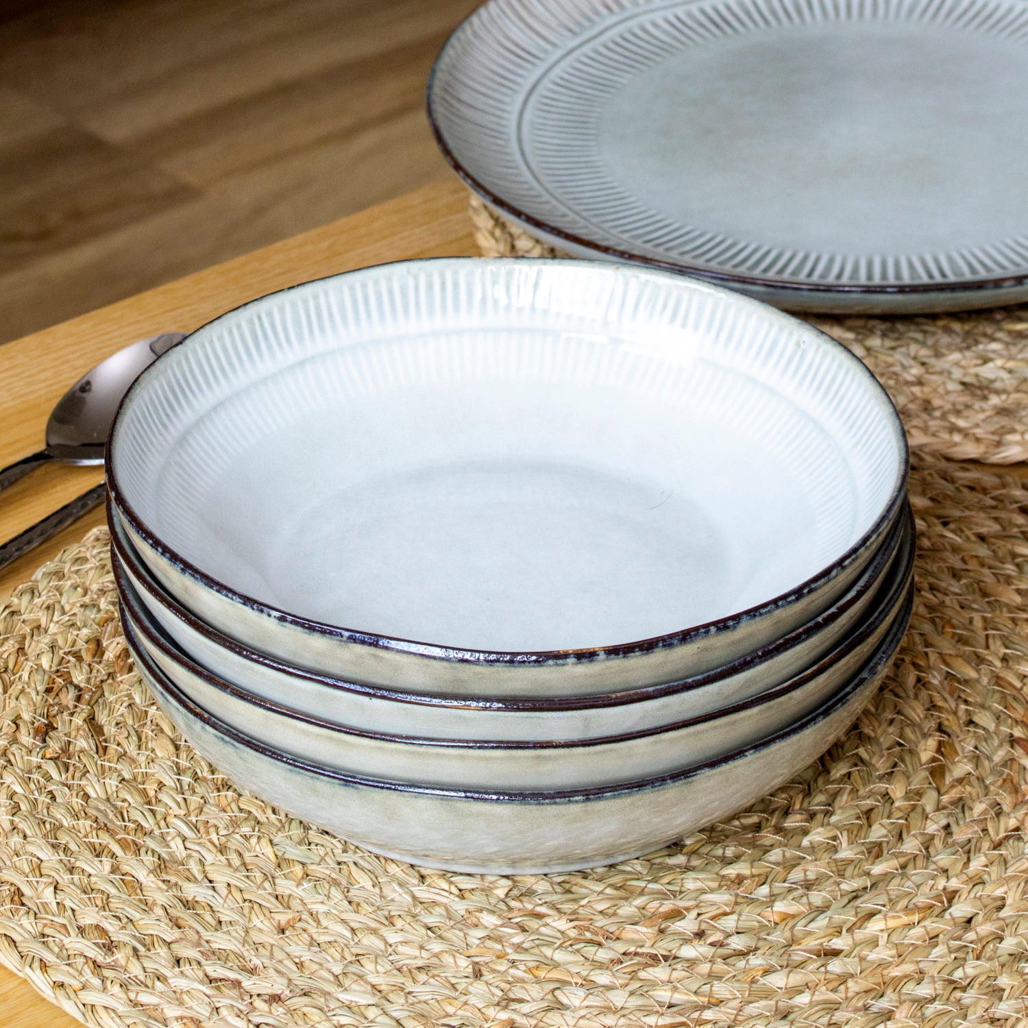 Set Of 4 Embossed Reactive Glaze Pasta Bowls