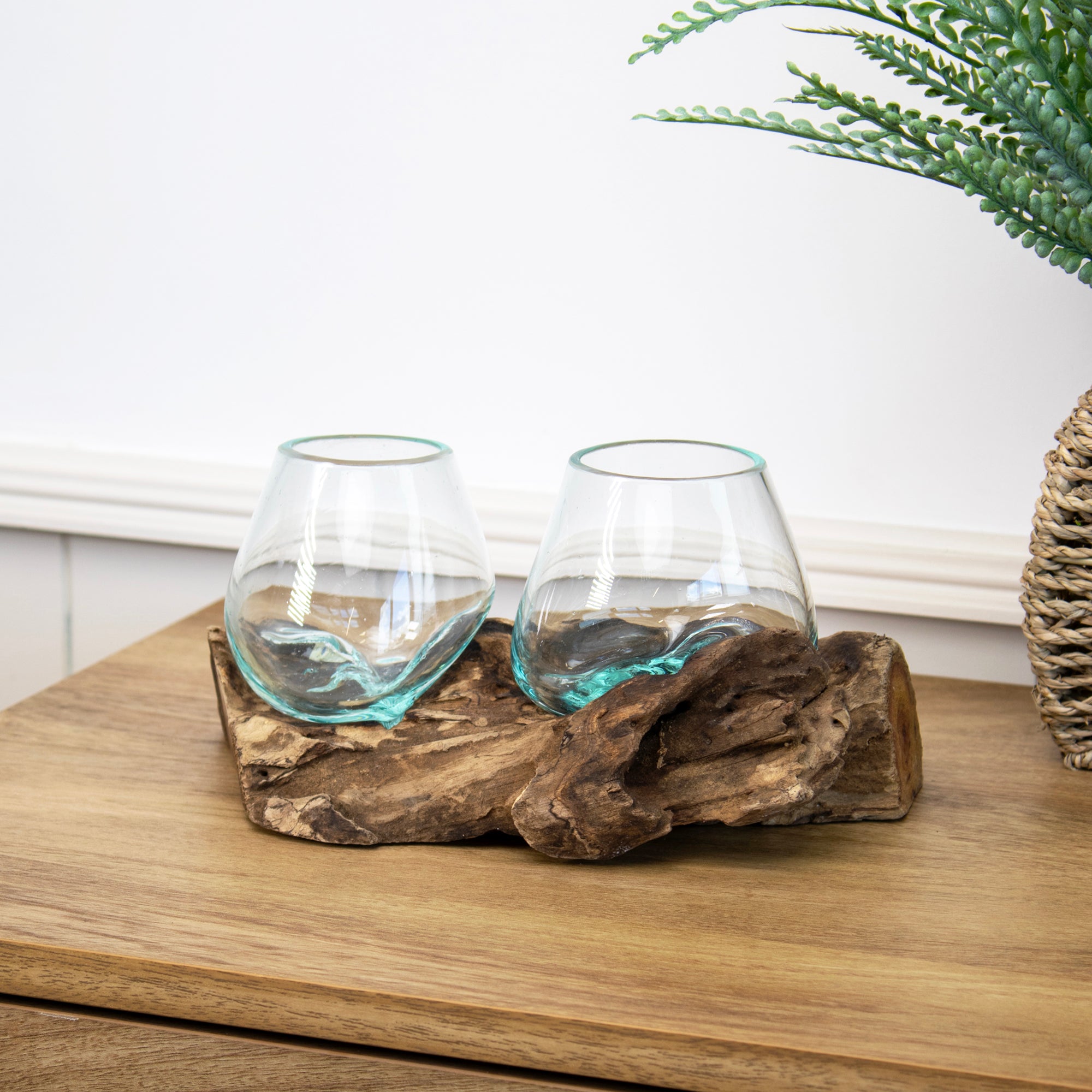 Teak Root With Double Mini Molten Glass Bowl