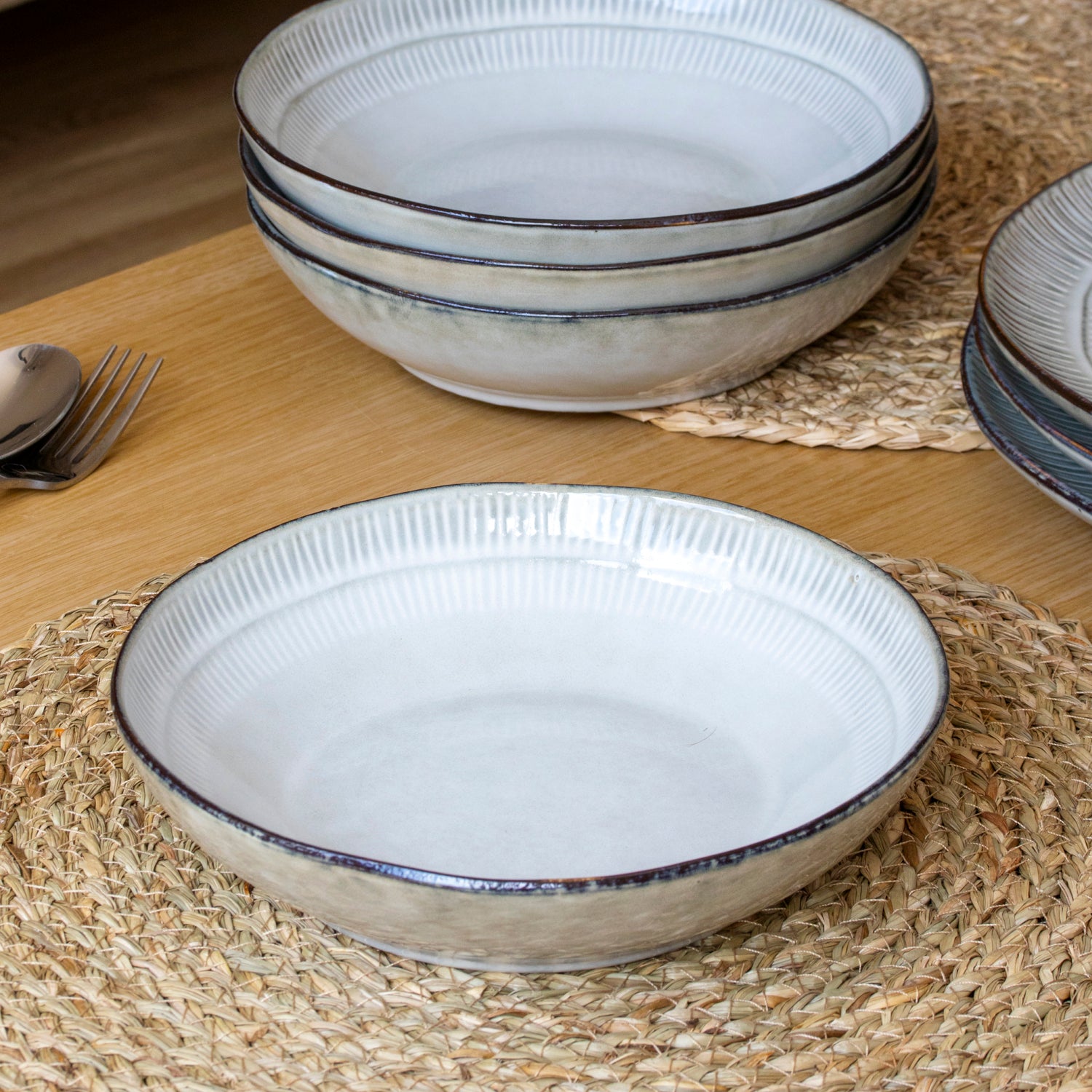 Set Of 4 Embossed Reactive Glaze Pasta Bowls