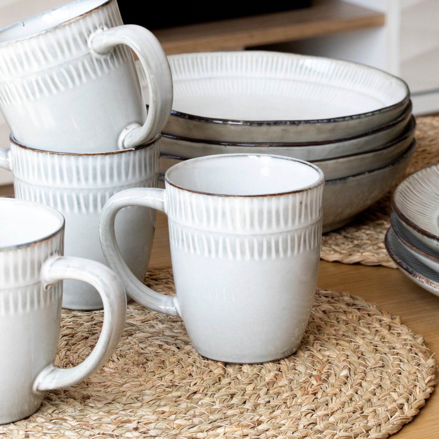 Set Of 4 Embossed Reactive Glaze Mugs