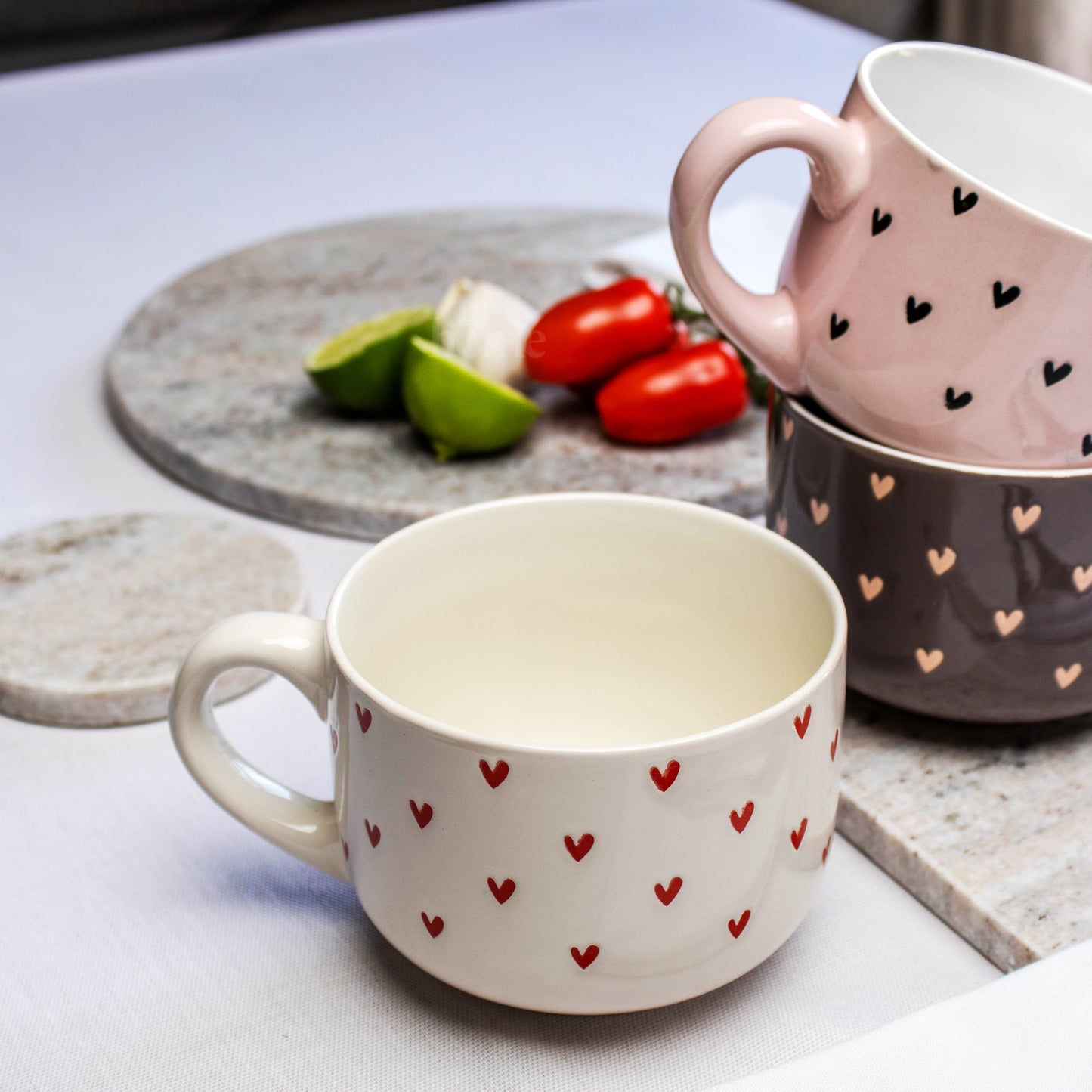 Set Of 3 Large Coloured Heart Mugs