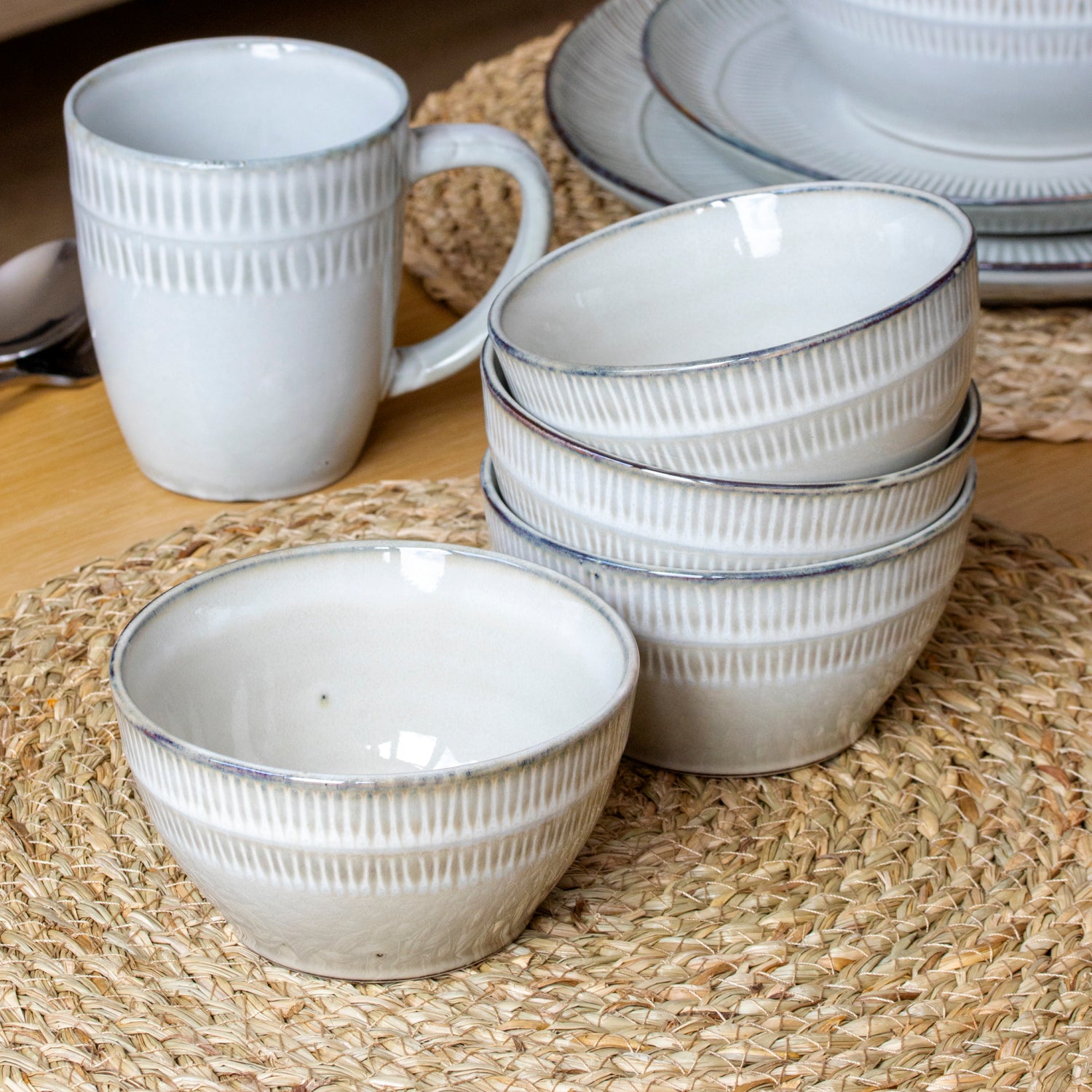 Set Of 4 Embossed Reactive Glaze Small Bowls