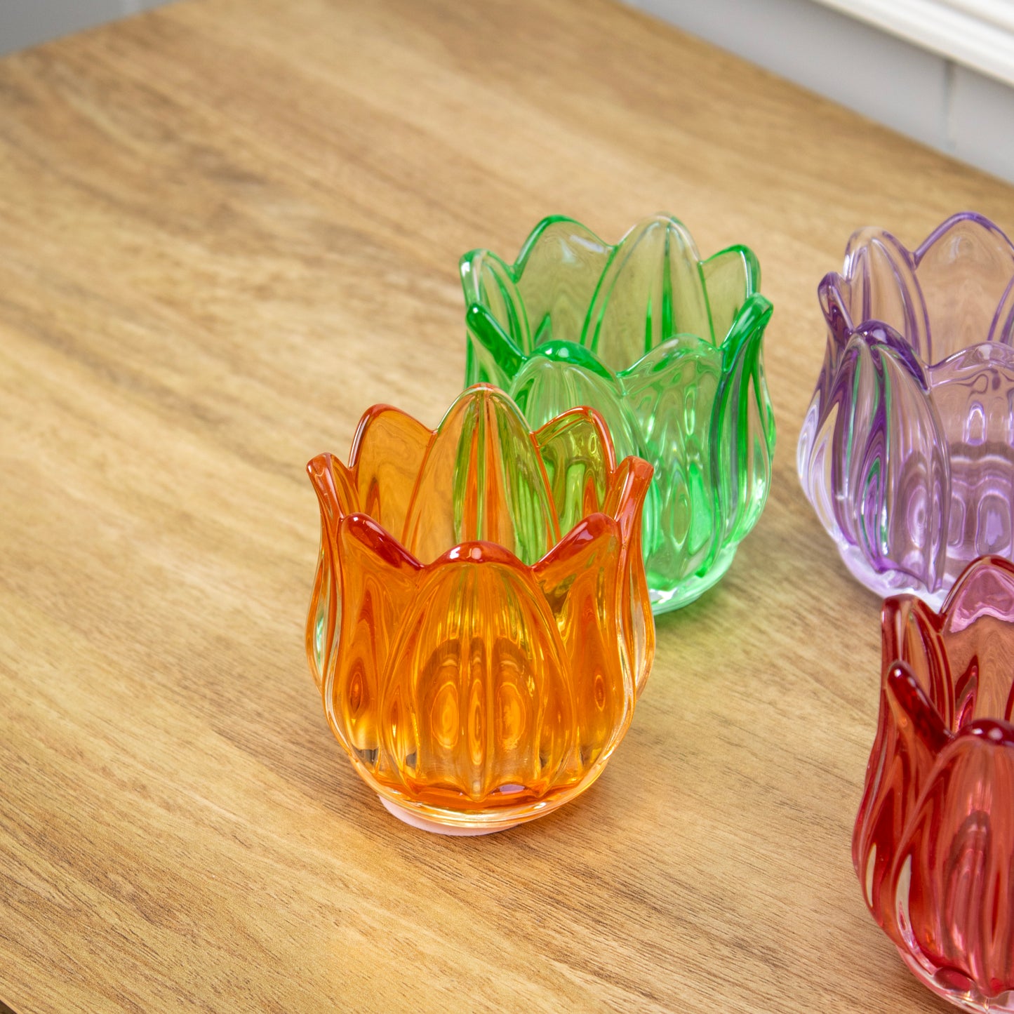 Set Of 6 Multi Glass Tulip Tea Light Holders