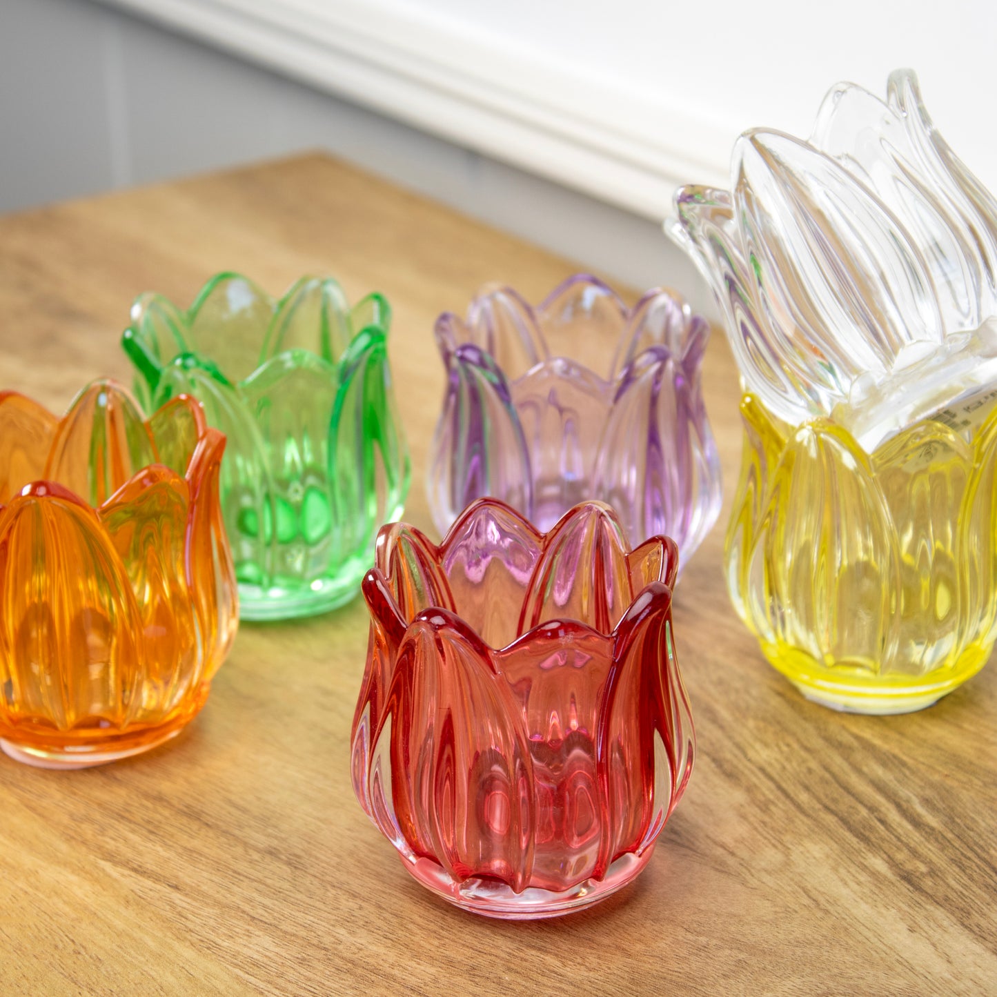 Set Of 6 Multi Glass Tulip Tea Light Holders