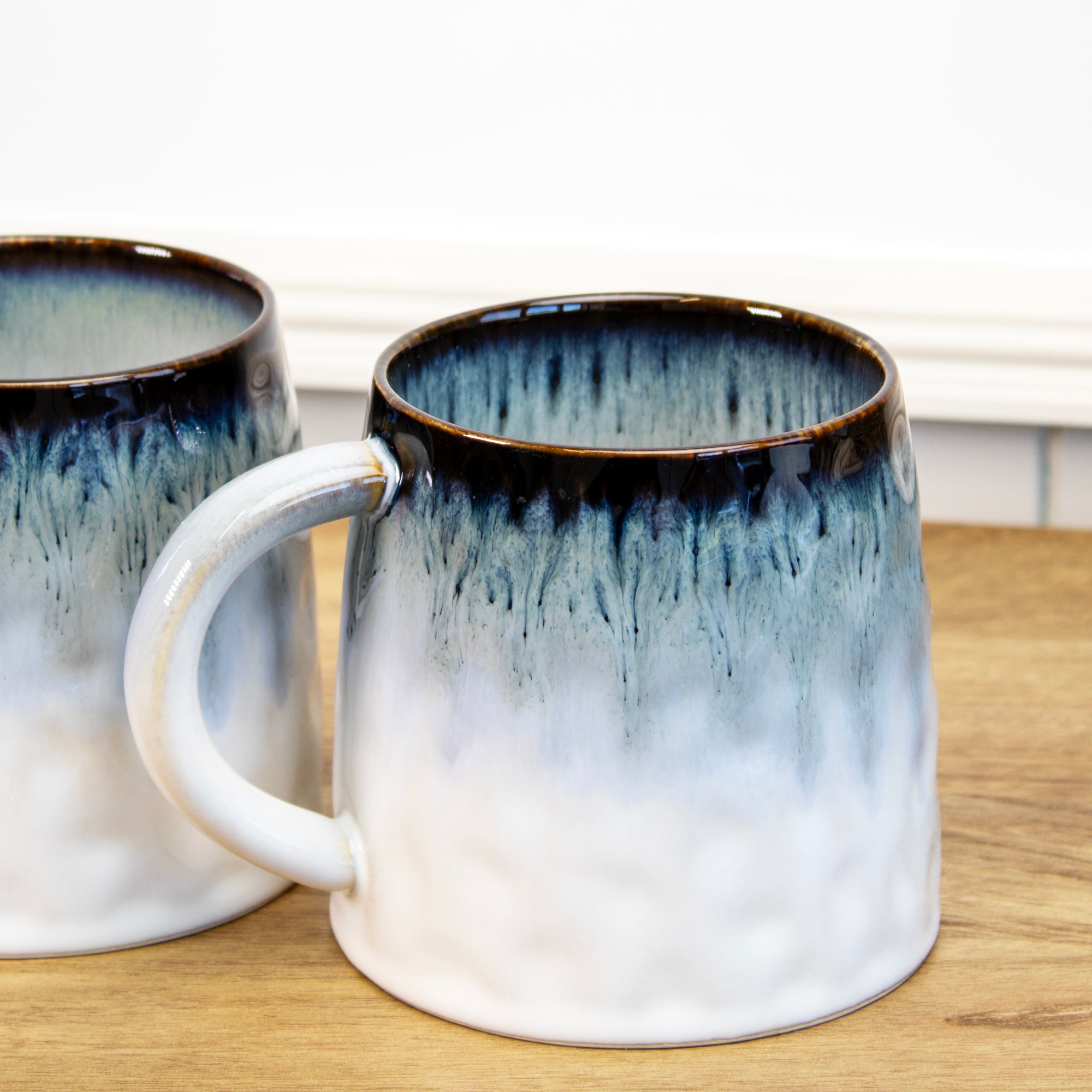 Set Of 2 Blue Gothic Reactive Glaze Barrel Mugs
