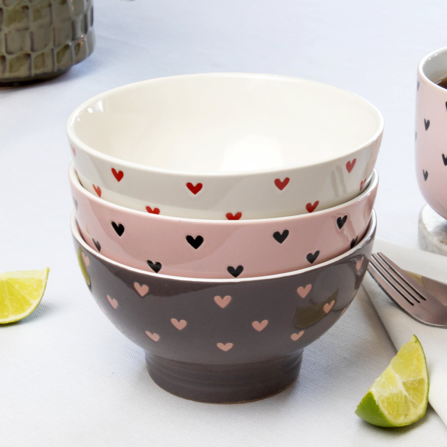 Set Of 3 Coloured Heart Bowls