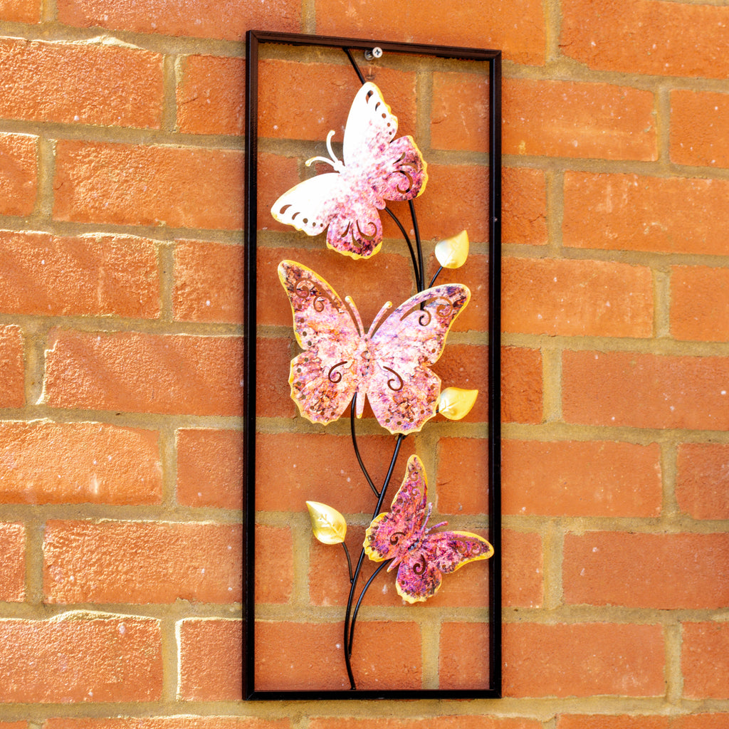 Pink Butterfly Metal Garden Wall Art Rectangle Frame