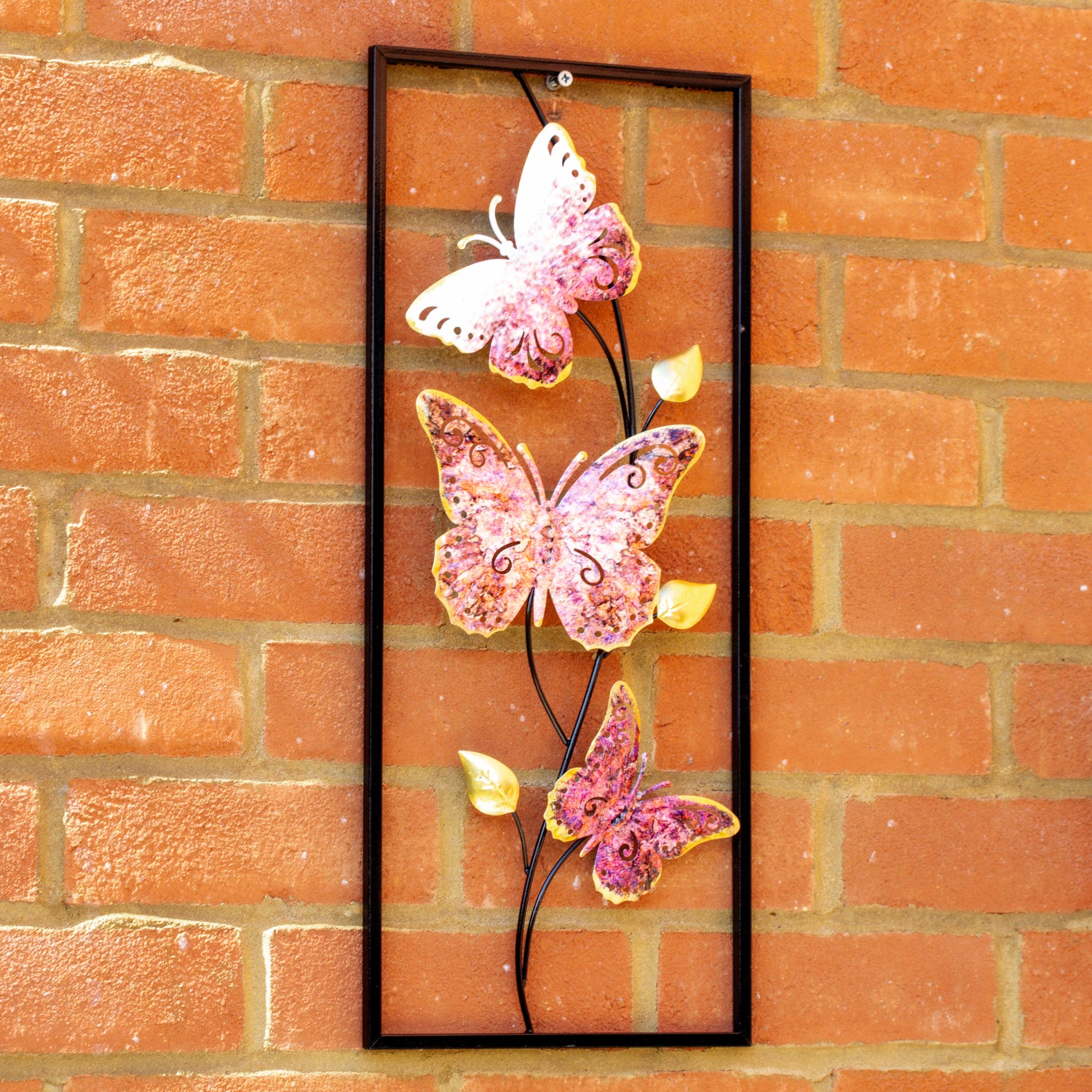 Pink Butterfly Metal Garden Wall Art Rectangle Frame