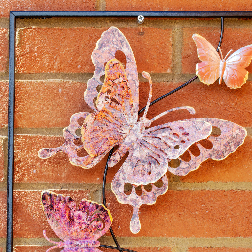 Pink Butterfly Metal Garden Wall Art Rectangle Frame