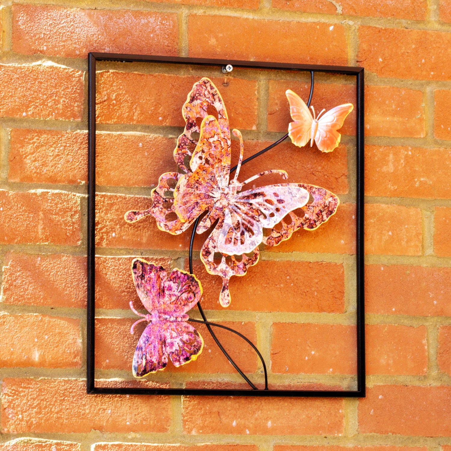 Pink Butterfly Metal Garden Wall Art Square Frame