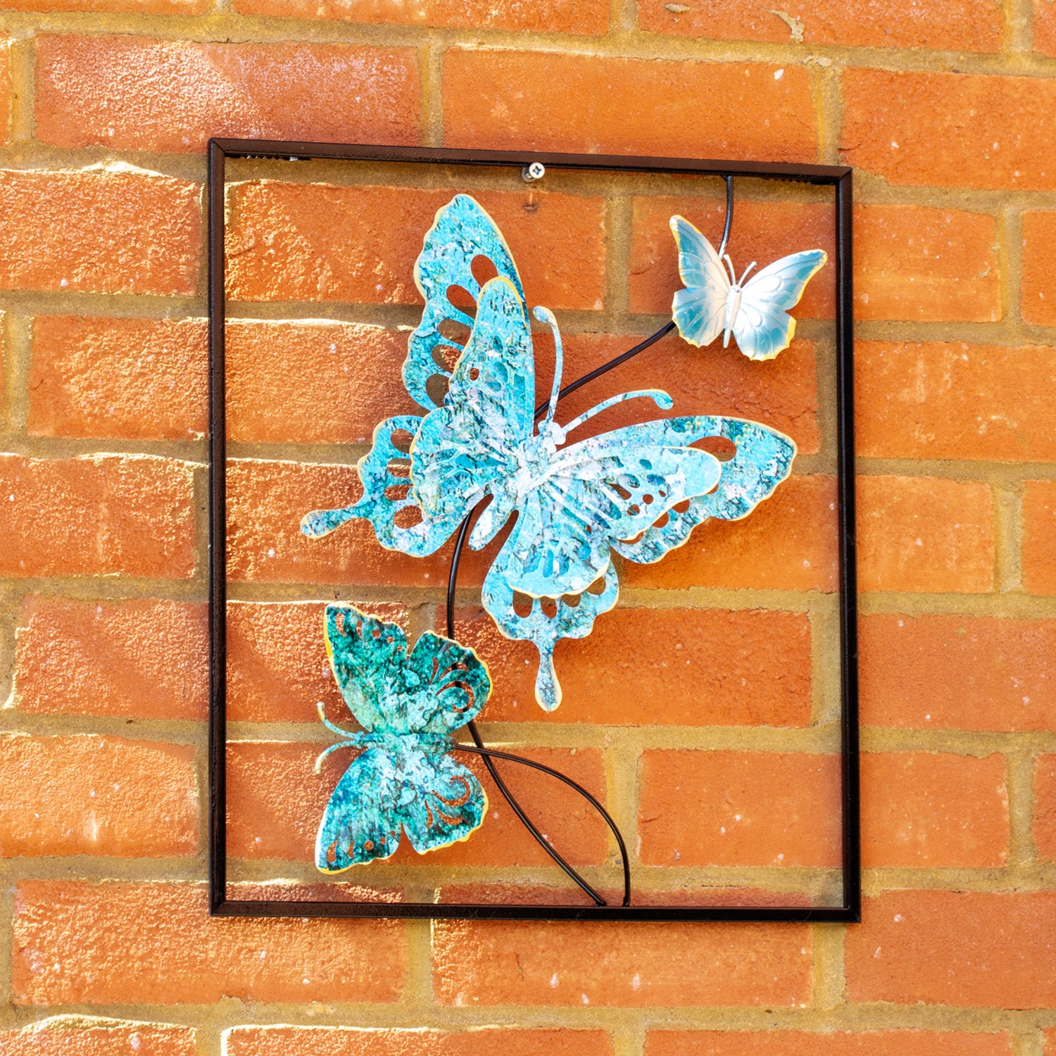 Blue Butterfly Metal Garden Wall Art Square Frame