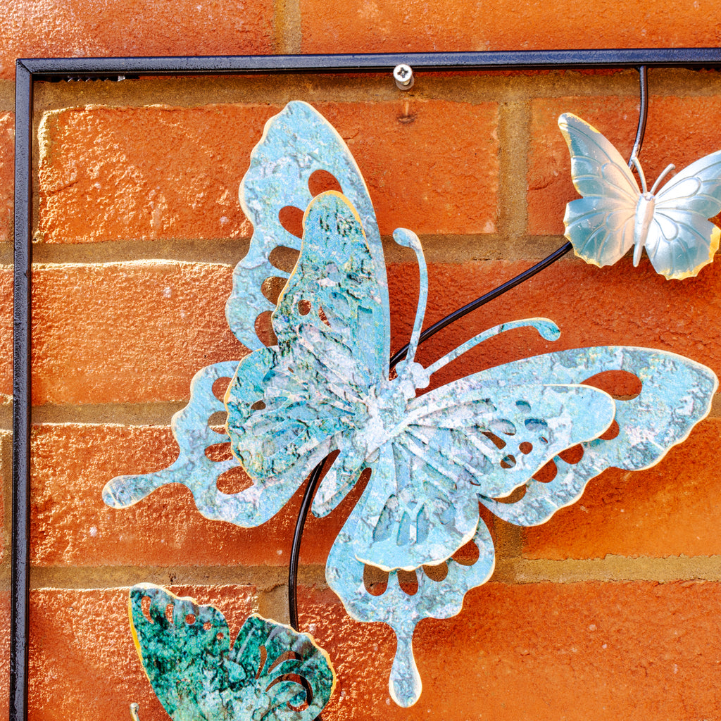Blue Butterfly Metal Garden Wall Art Square Frame