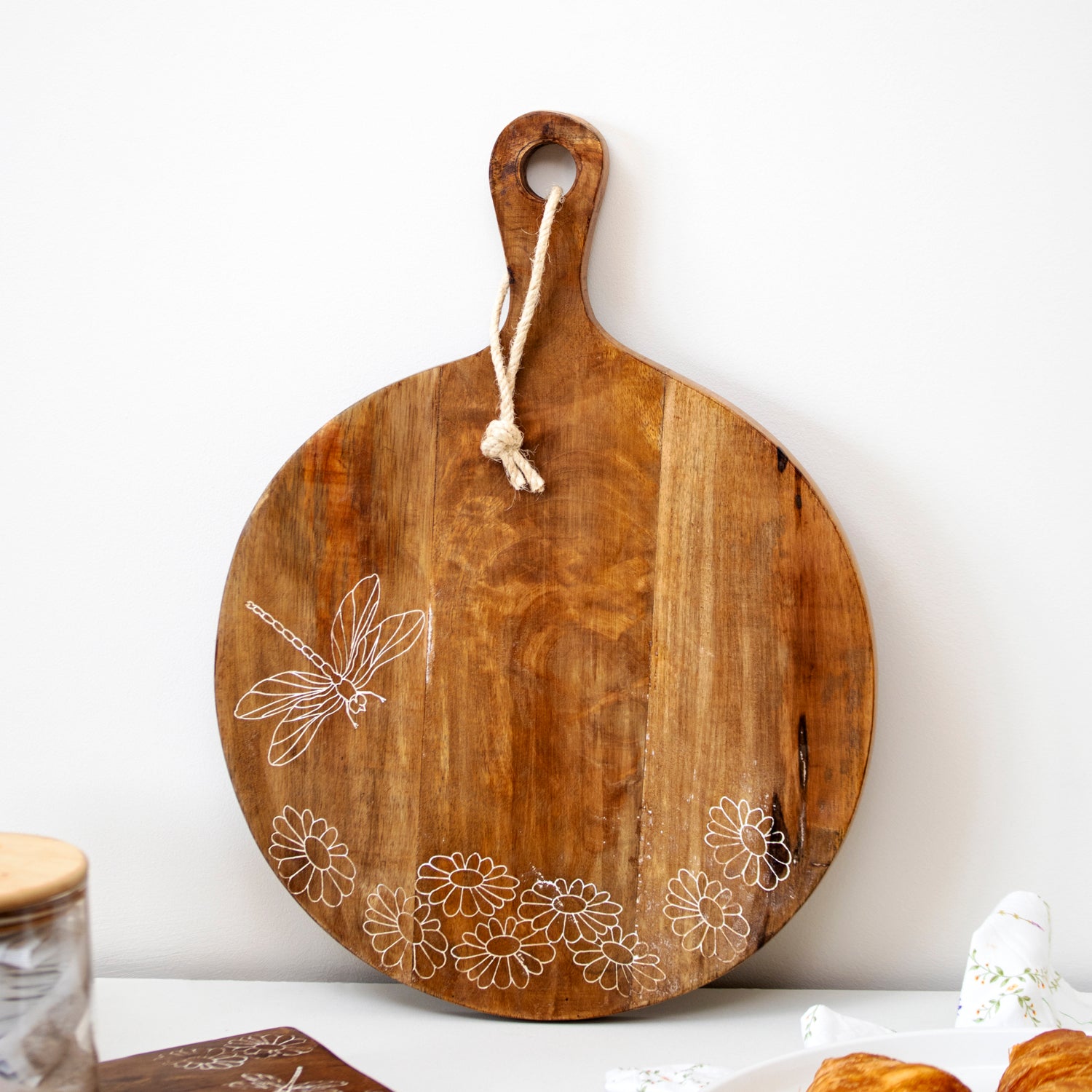 Round Mango Wood White Floral Serving Board