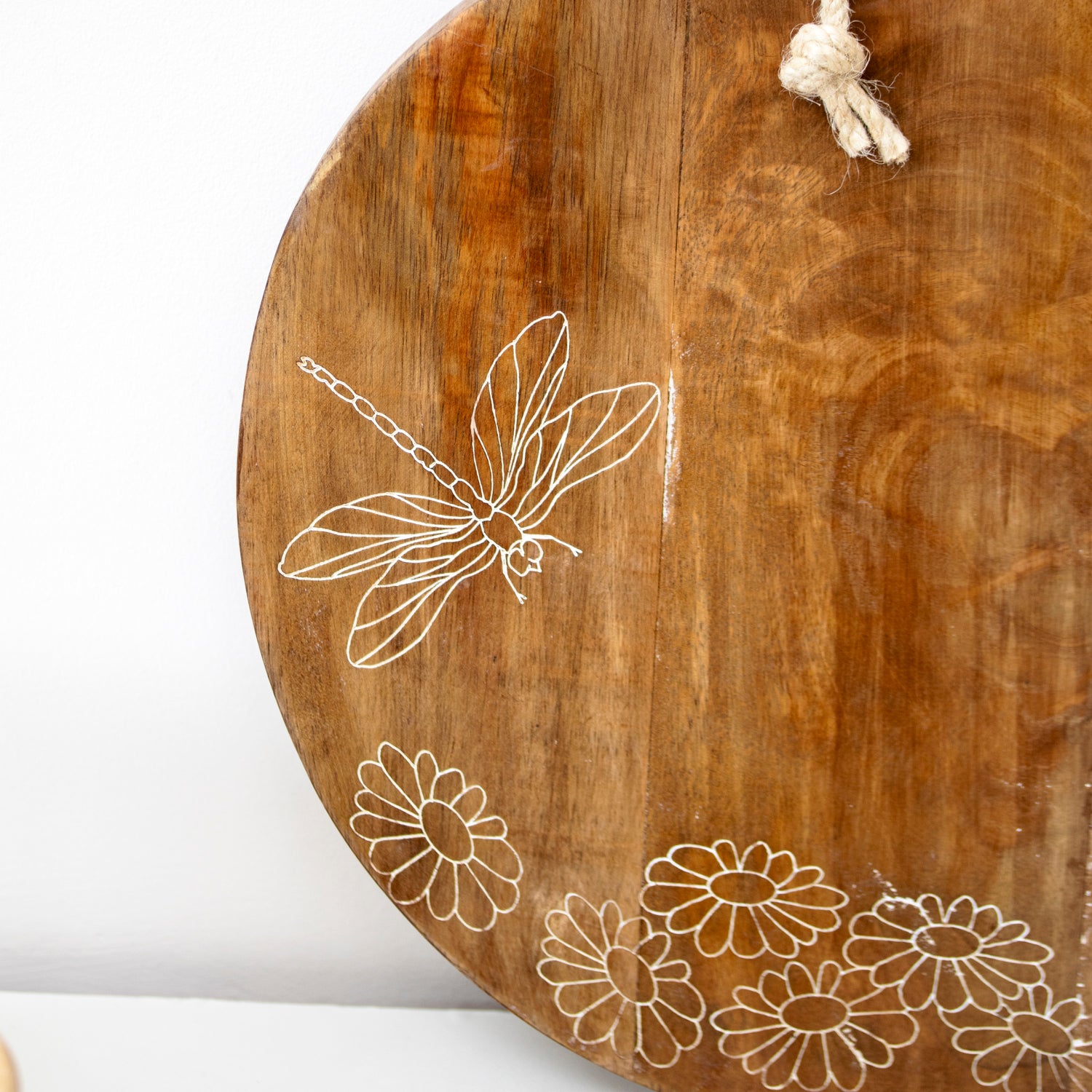 Round Mango Wood White Floral Serving Board