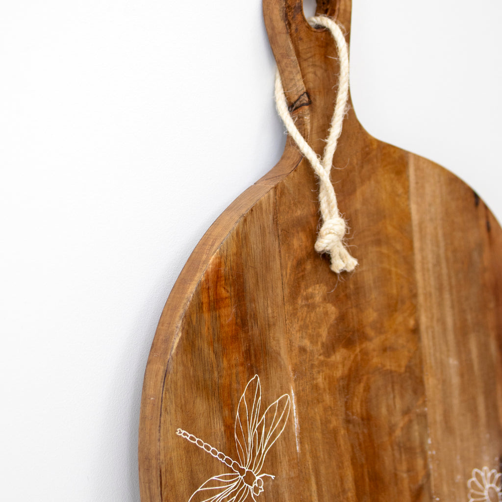 Round Mango Wood White Floral Serving Board