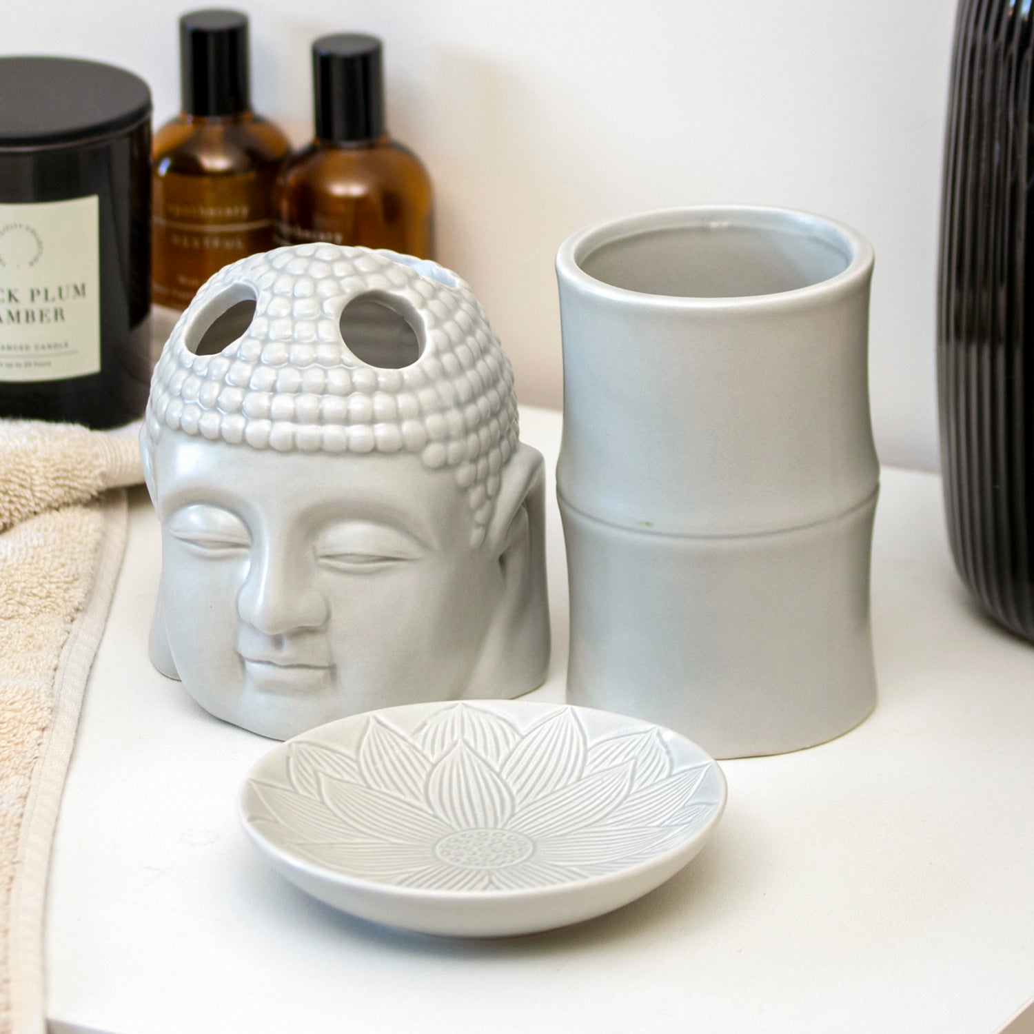 Set Of 3 Grey Buddha Ceramic Bathroom Accessories