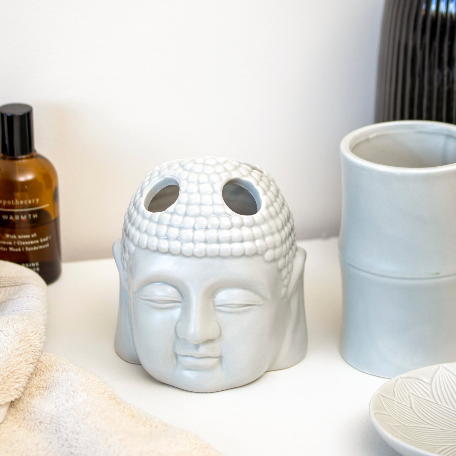 Set Of 3 Grey Buddha Ceramic Bathroom Accessories