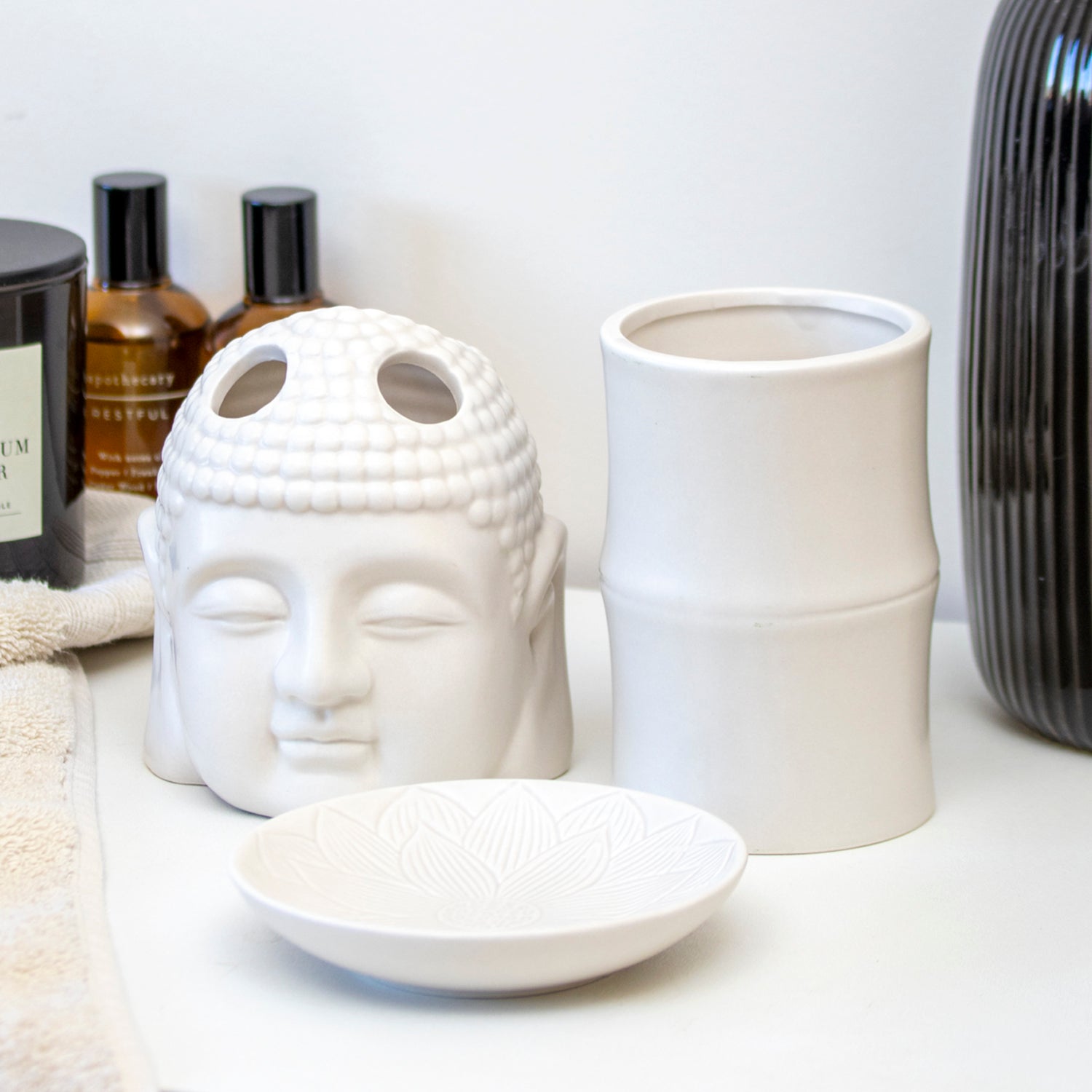 Set Of 3 White Buddha Ceramic Bathroom Accessories