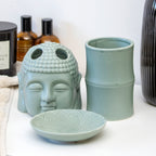 Set Of 3 Green Buddha Ceramic Bathroom Accessories