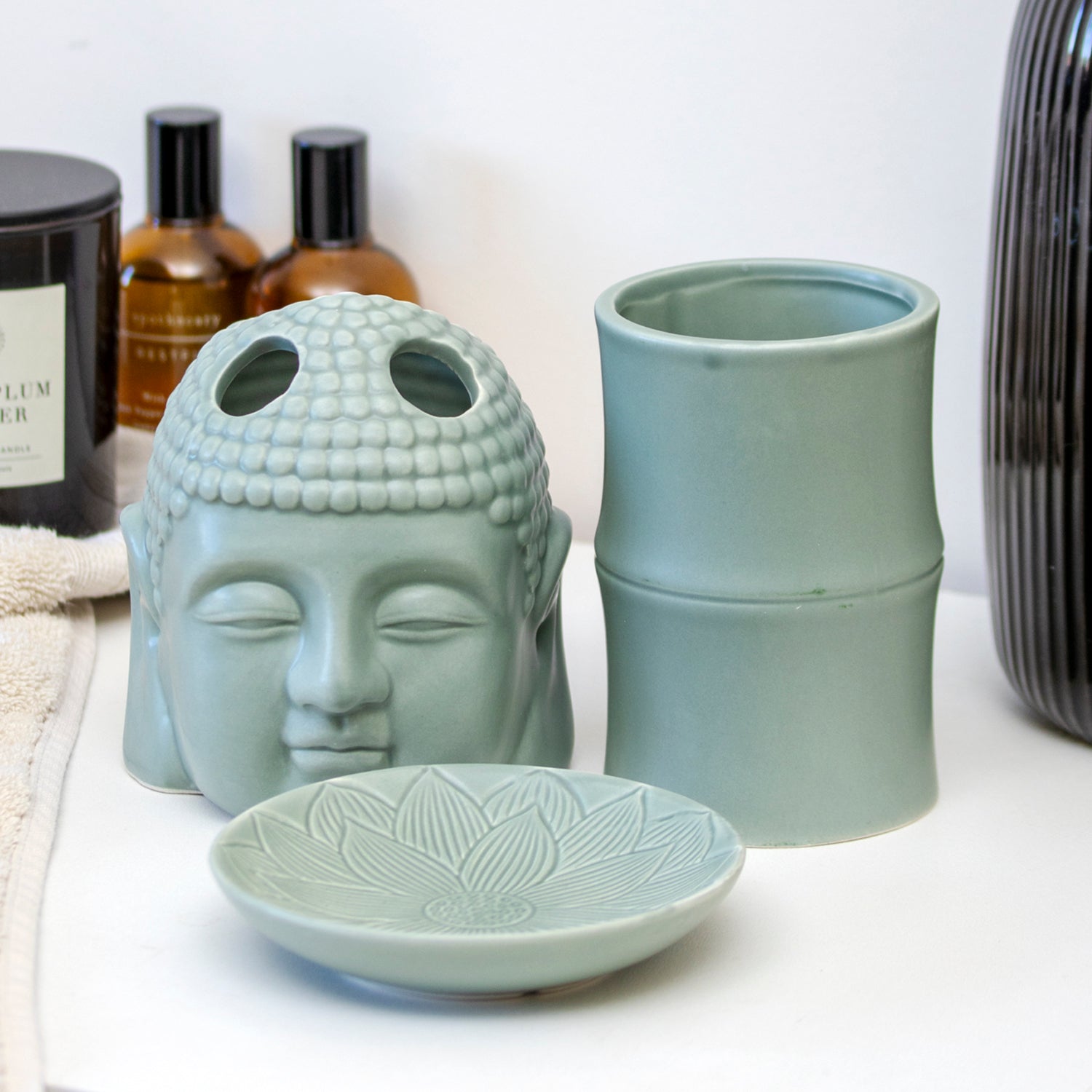 Set Of 3 Green Buddha Ceramic Bathroom Accessories