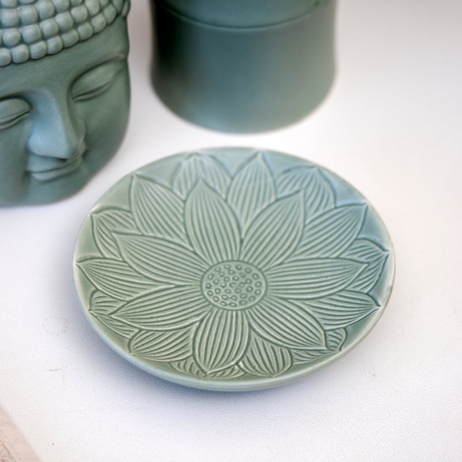 Set Of 3 Green Buddha Ceramic Bathroom Accessories
