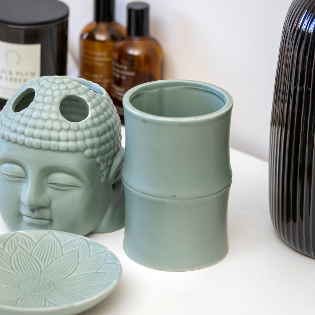 Set Of 3 Green Buddha Ceramic Bathroom Accessories