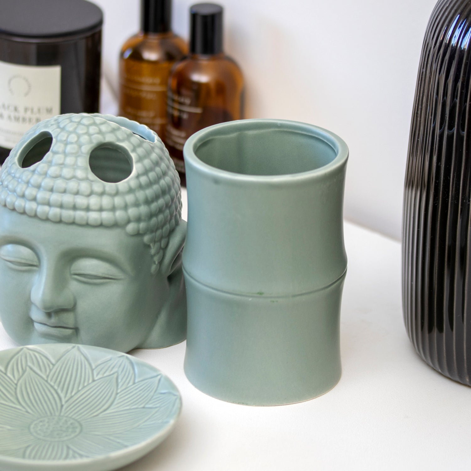 Set Of 3 Green Buddha Ceramic Bathroom Accessories