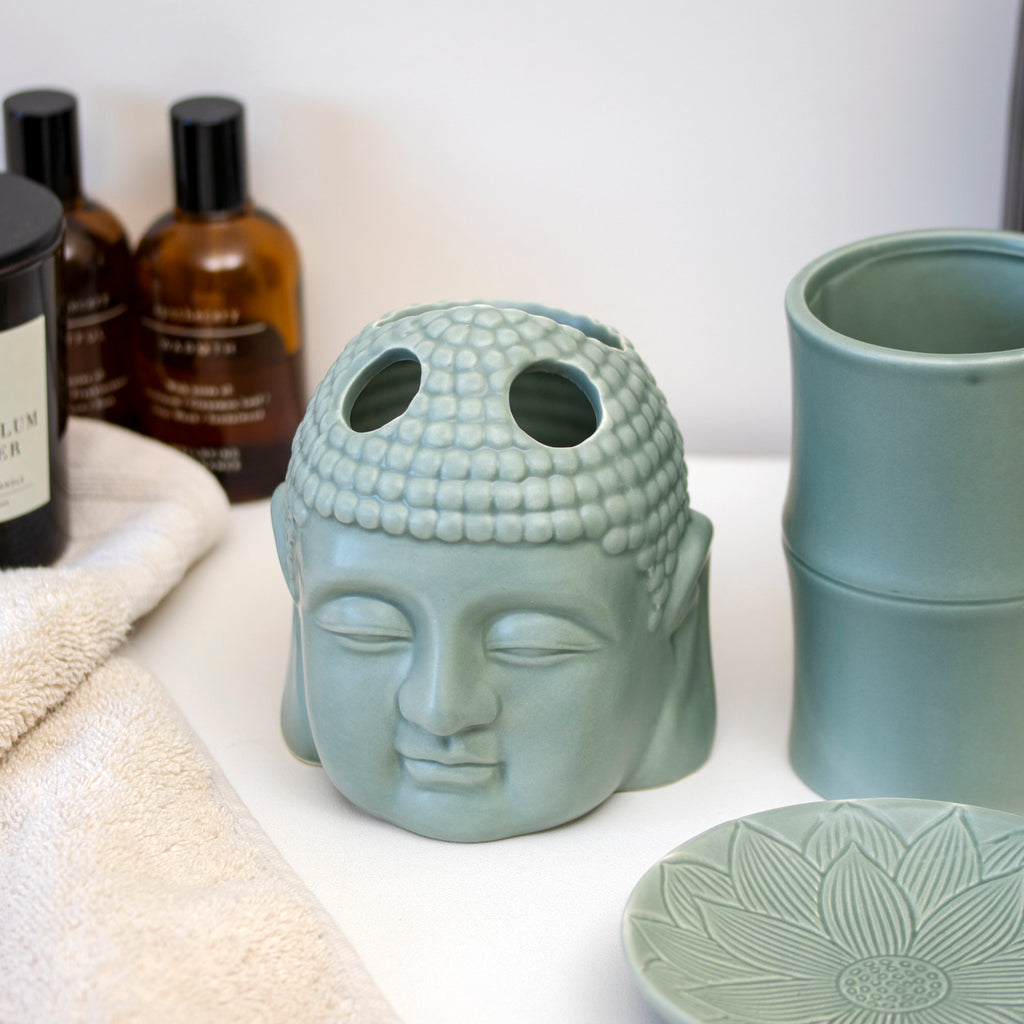 Set Of 3 Green Buddha Ceramic Bathroom Accessories