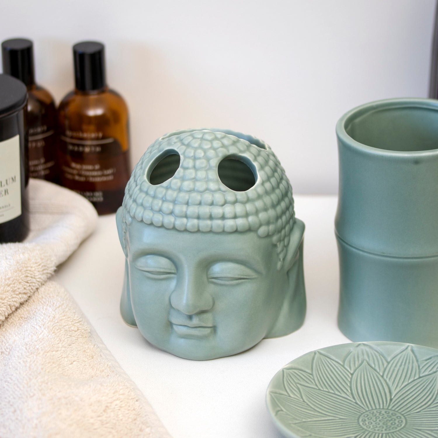 Set Of 3 Green Buddha Ceramic Bathroom Accessories