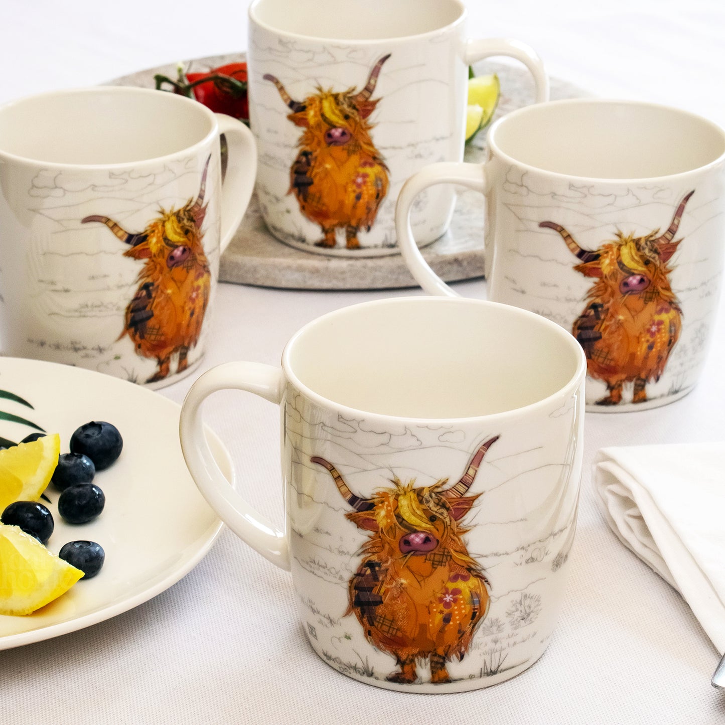 Set Of 4 Bug Art Highland Cow Mugs