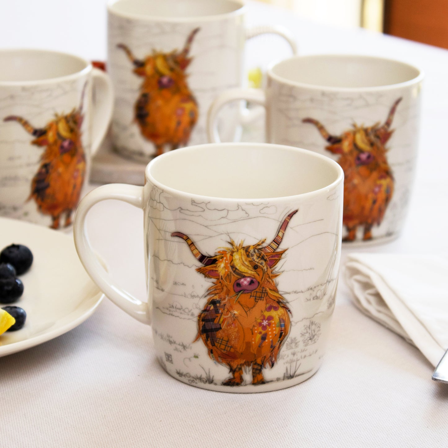 Set Of 4 Bug Art Highland Cow Mugs