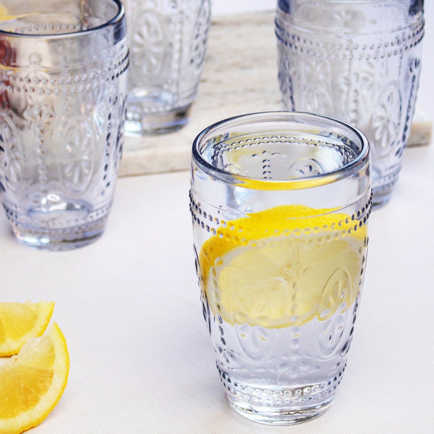 Set Of 4 Blue Embossed Tumbler Glasses