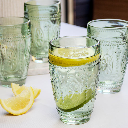 Set Of 4 Green Embossed Tumbler Glasses