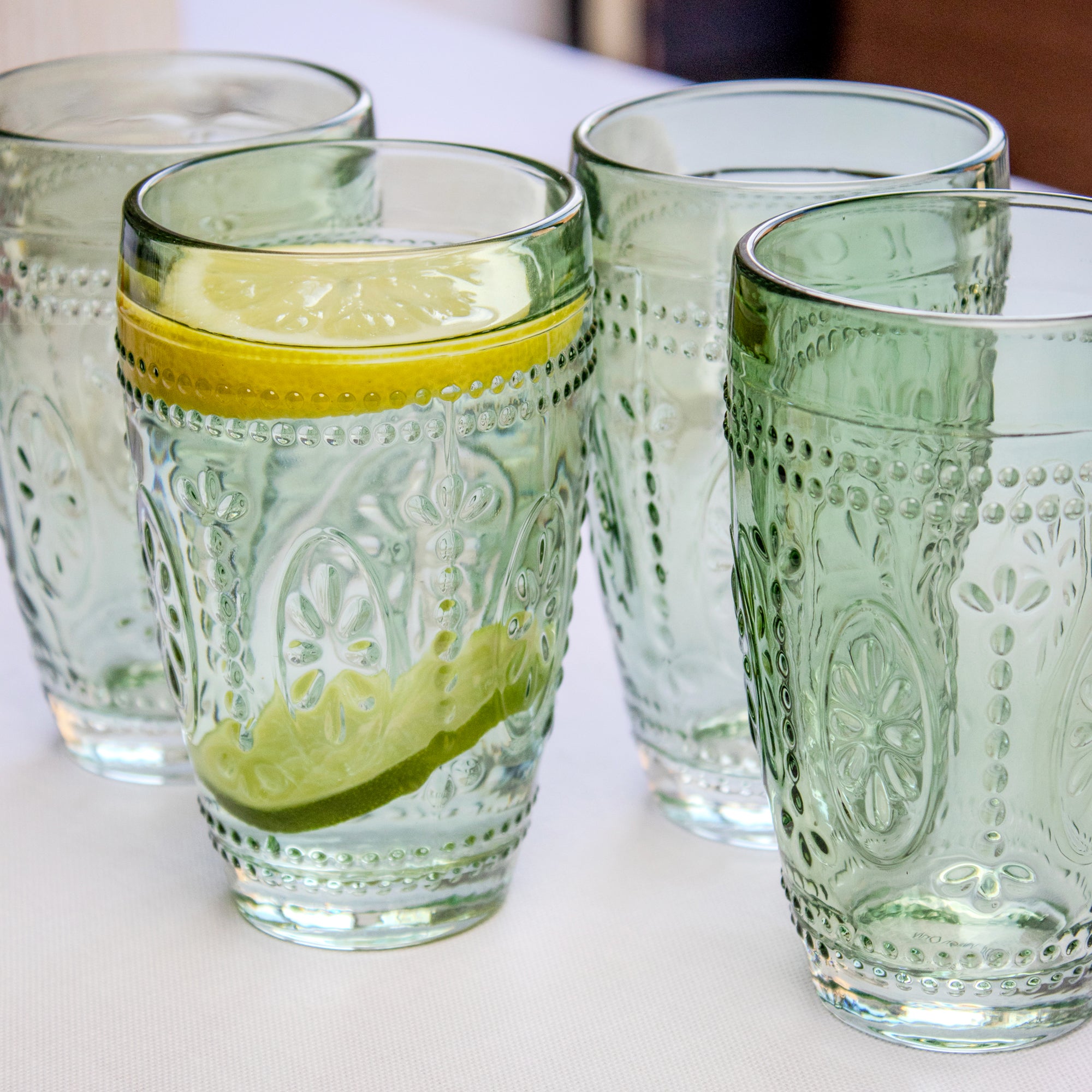Set Of 4 Green Embossed Tumbler Glasses