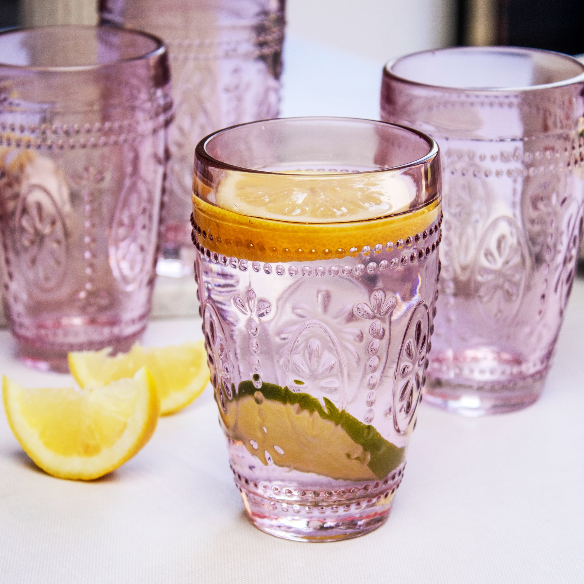 Set Of 4 Pink Embossed Tumbler Glasses