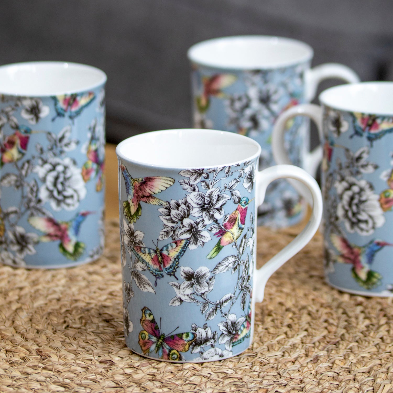 Set Of 4 Duckegg Floral Hummingbird Mugs