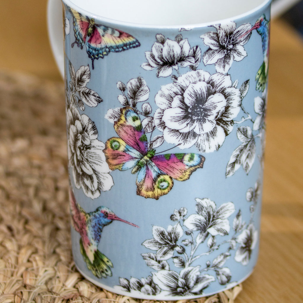 Set Of 4 Duckegg Floral Hummingbird Mugs