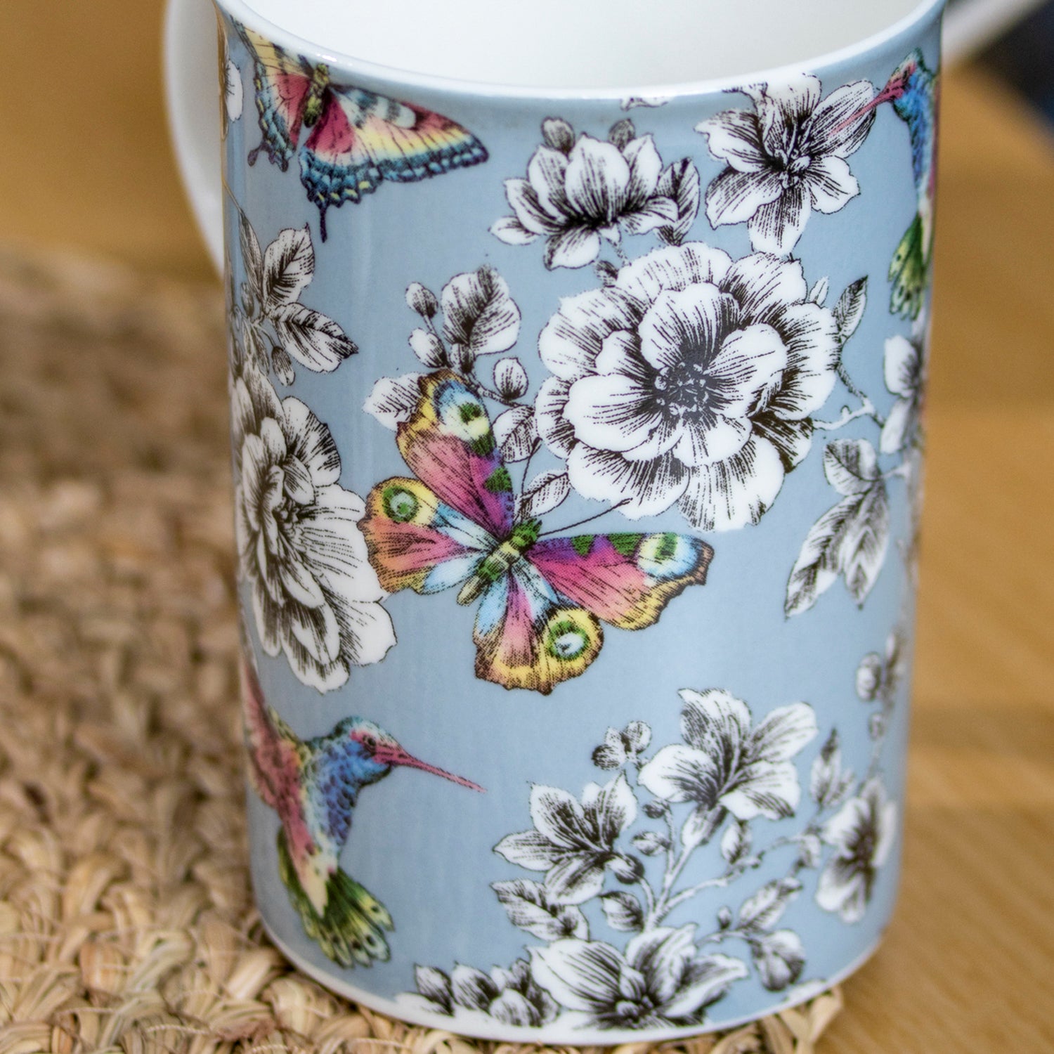 Set Of 4 Duckegg Floral Hummingbird Mugs
