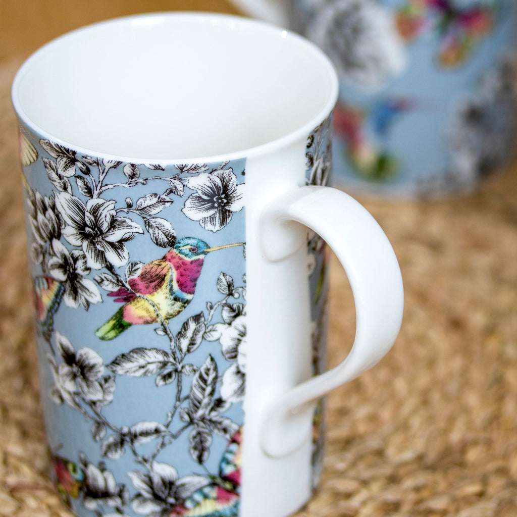 Set Of 4 Duckegg Floral Hummingbird Mugs