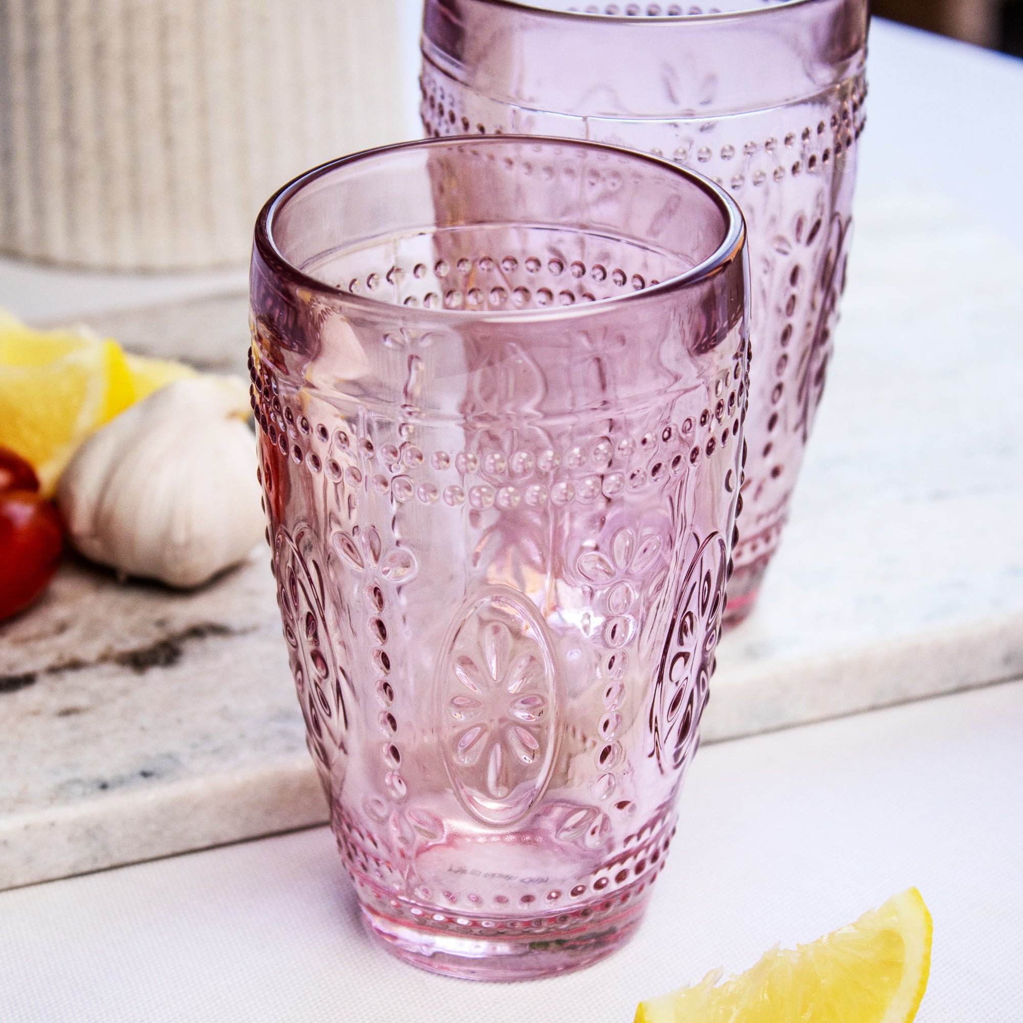Set Of 4 Pink Embossed Tumbler Glasses