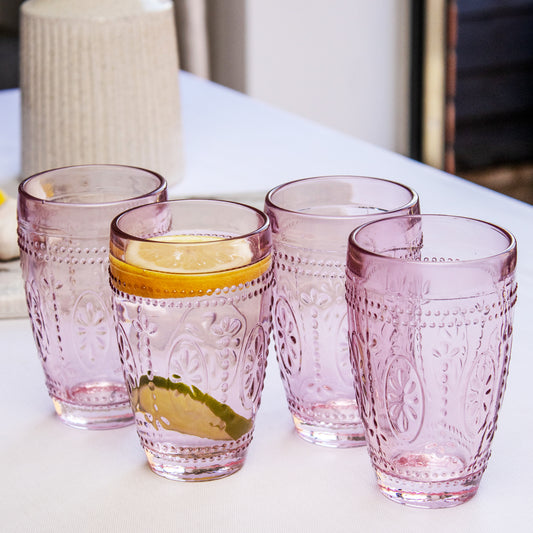 Set Of 4 Pink Embossed Tumbler Glasses