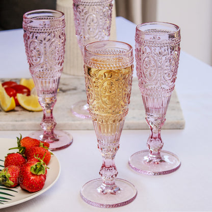 Set Of 4 Pink Embossed Flute Glasses