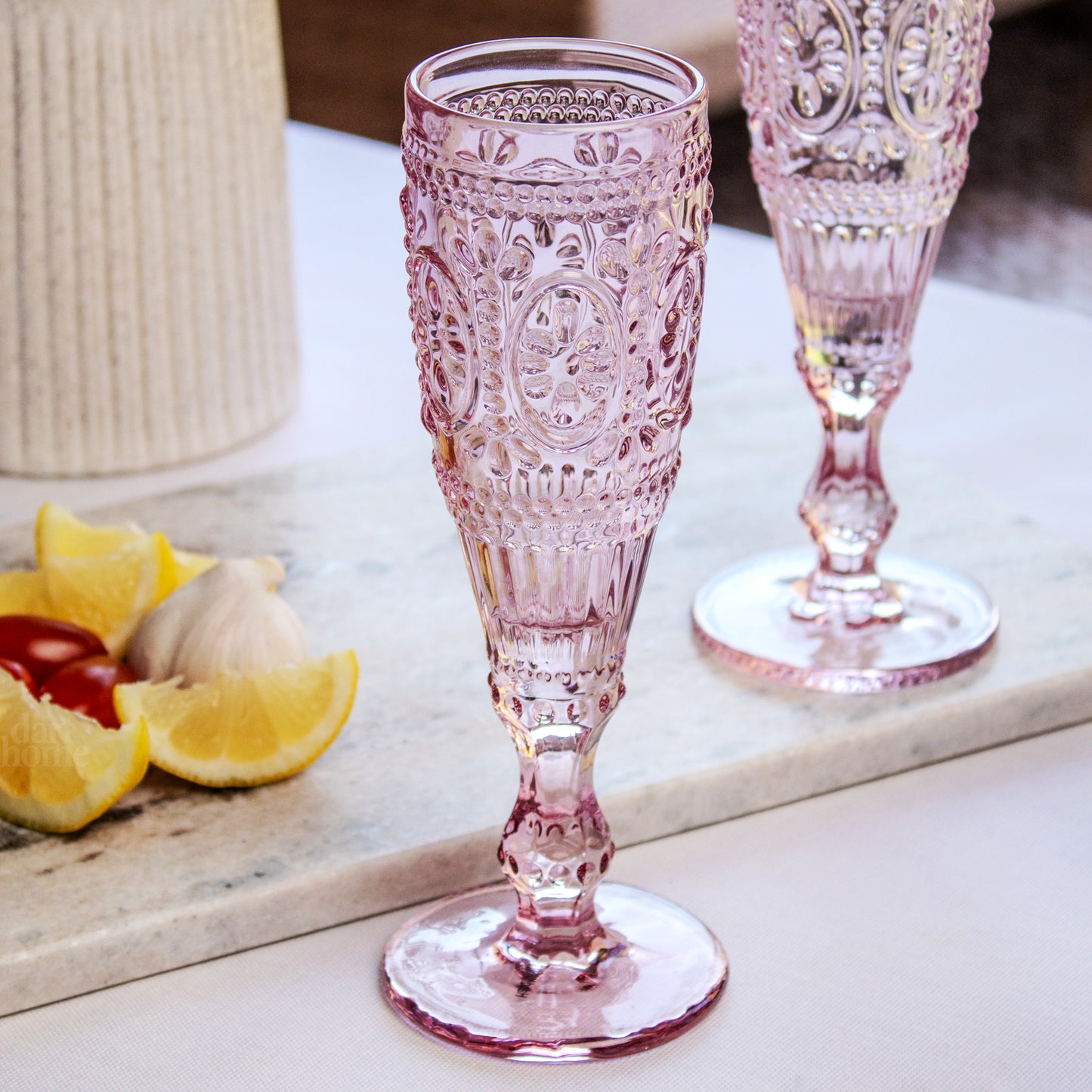 Set Of 4 Pink Embossed Flute Glasses