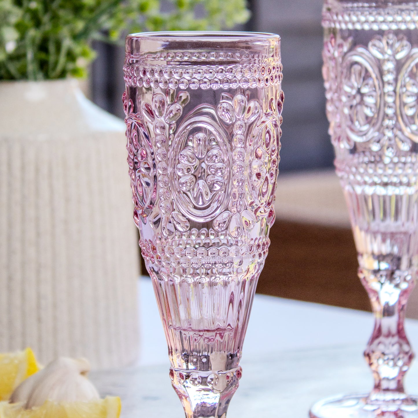 Set Of 4 Pink Embossed Flute Glasses