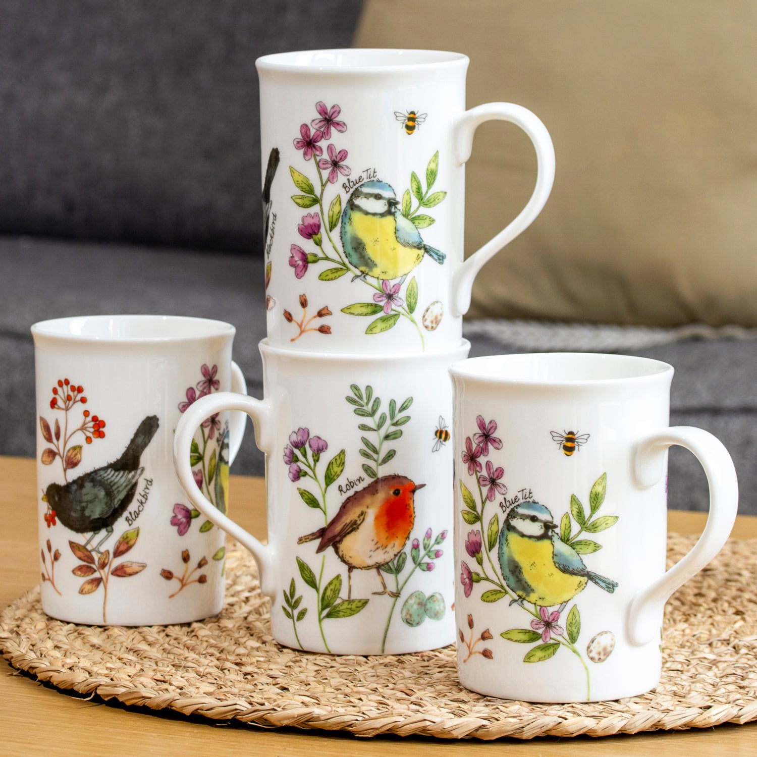 Set Of 4 Garden Birds & Honeysuckle Mugs