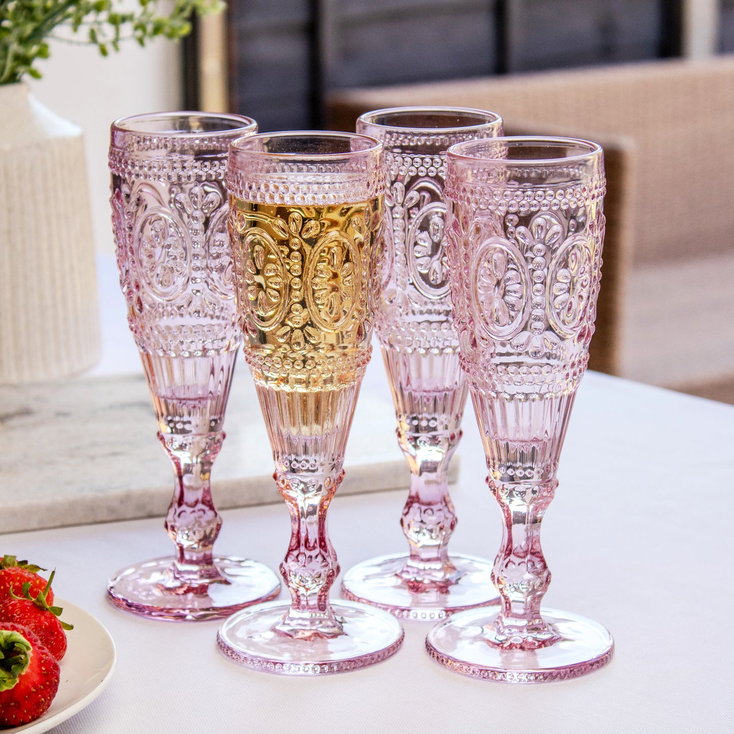 Set Of 4 Pink Embossed Flute Glasses