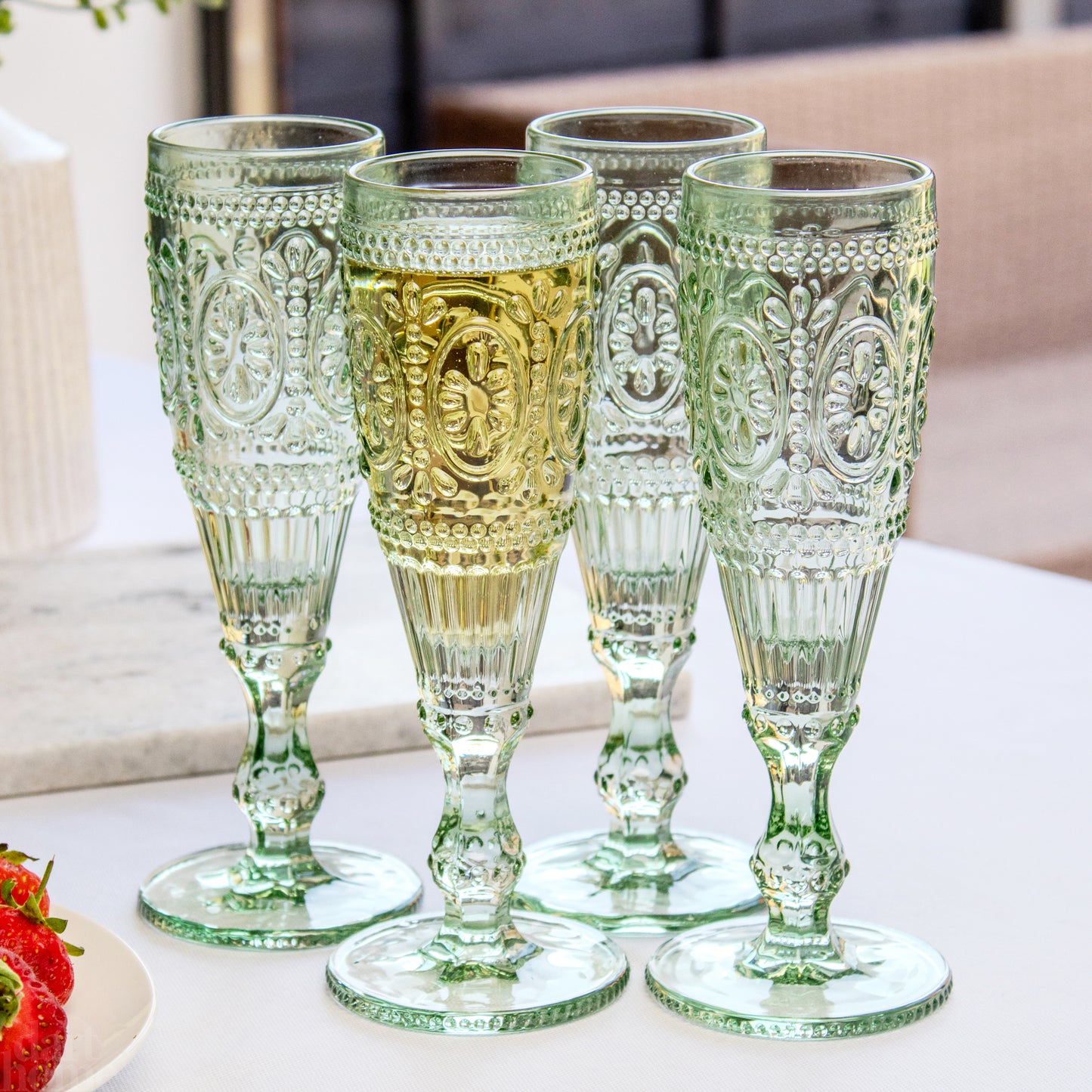 Set Of 4 Green Embossed Flute Glasses