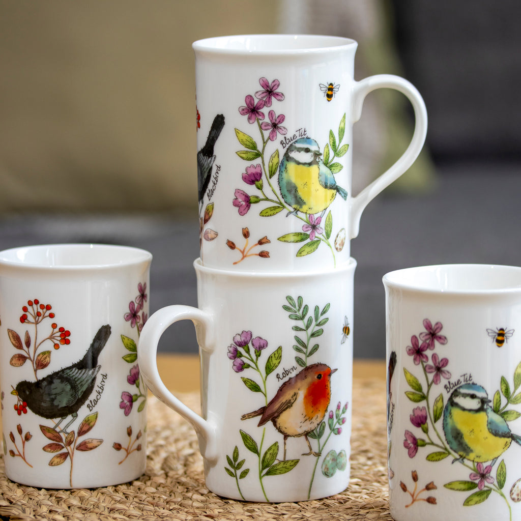 Set Of 4 Garden Birds & Honeysuckle Mugs