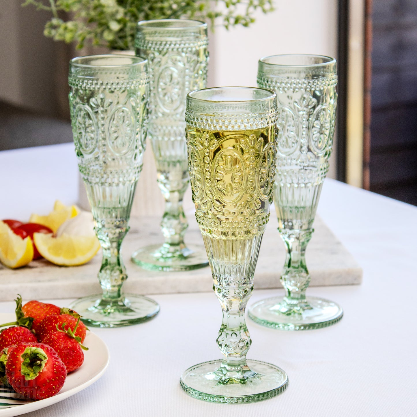 Set Of 4 Green Embossed Flute Glasses